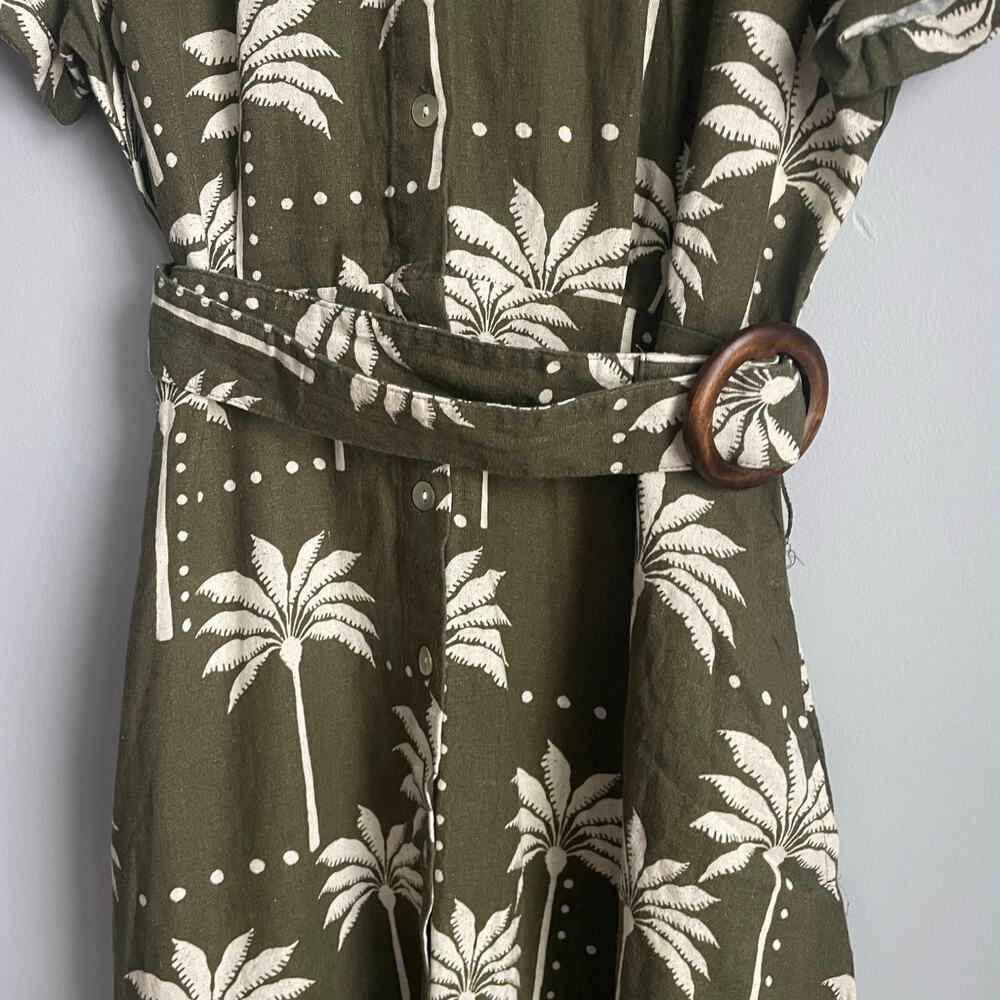 Tahari Linen Blend Dress Pockets Green Tropical Belted Vacation Resort Small - Picture 4 of 9